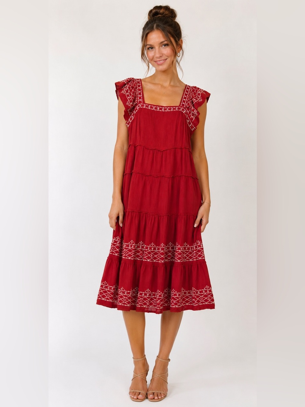 Knox Rose Red Embroidered Tiered Midi Dress Small Square Neck Boho Prairie
